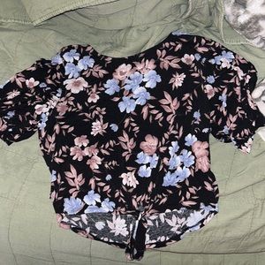 Blue and pink flower crop top, tie in front, size medium